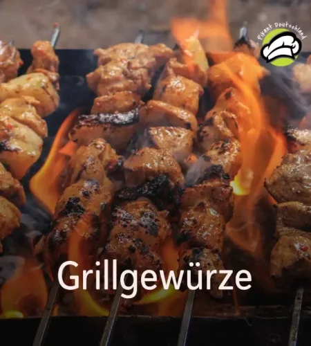 Saftige Grillspieße mit perfekt gewürztem Fleisch, brutzeln über offenen Flammen. Rauch steigt auf, während die intensive Hitze für eine knusprige Kruste sorgt. Der Schriftzug 'Grillgewürze' hebt die Bedeutung von würzigen Aromen hervor. Markenlogo 'Pikant Deutschland' in der oberen rechten Ecke.